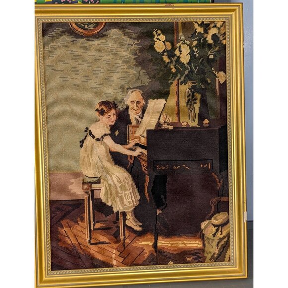 Vintage Needlepoint Tapestry Framed Art Piano lesson - Picture 7 of 16